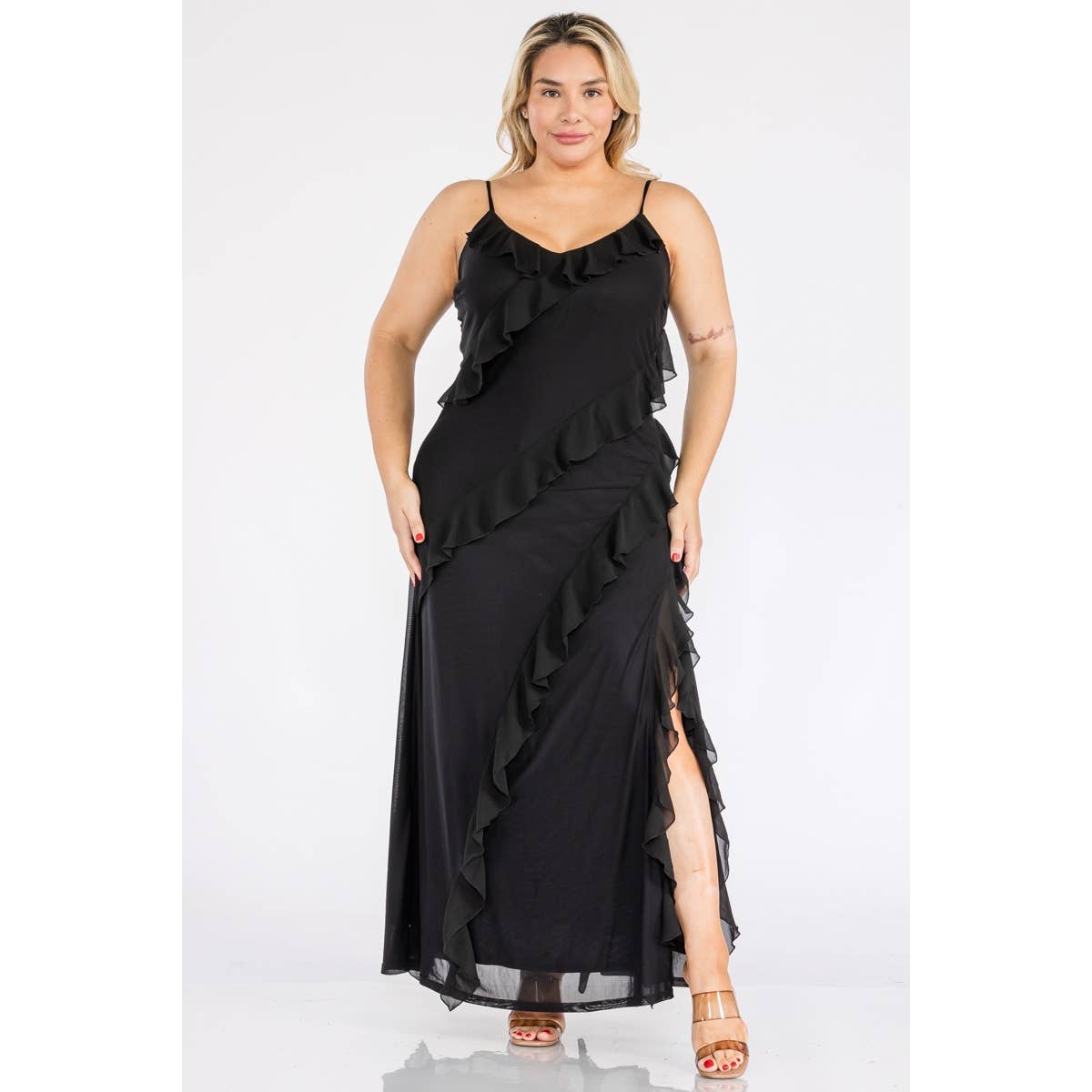 Curve Market – Großhandel Kleid – Damen – Maxikleid in großen Größen mit V-Ausschnitt, seitlichem Schlitz und Rüschenborte aus Mesh0