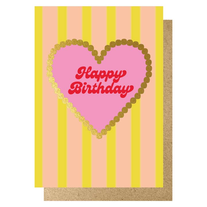Happy Birthday peach & yellow stripe gold heart card for wholesale by Lucky Ink