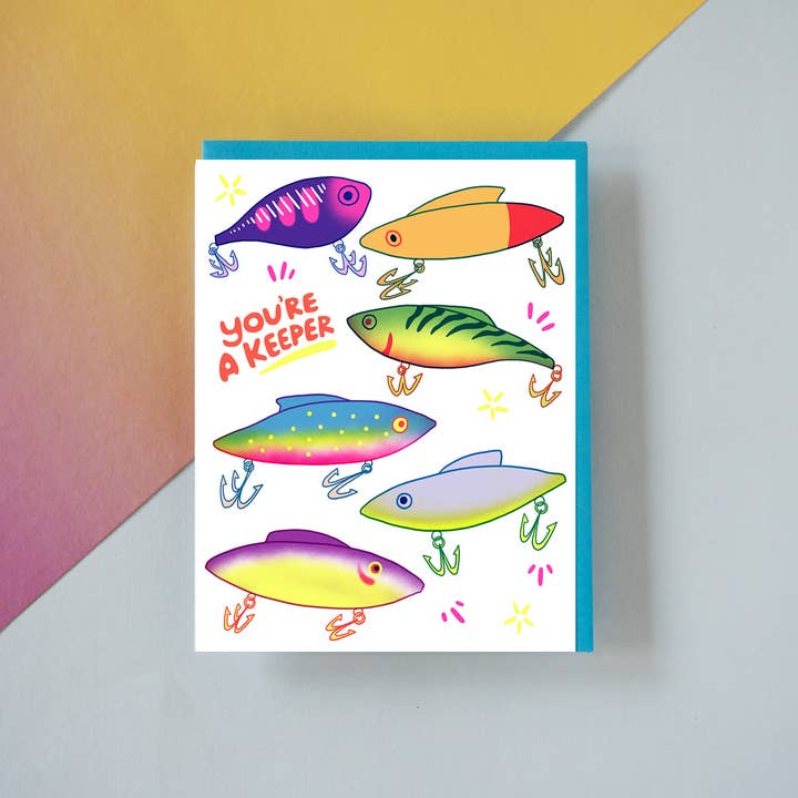 Vous êtes un gardien (leurres de pêche) - Carte de vœux Risograph pour la vente par Katie Blanchard Art + Works