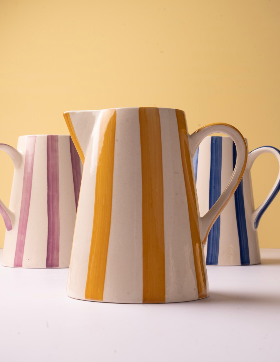 Casa Amarosa – wholesale Pitcher – Ceramic Stripe Pitcher, yellow- 8.25 x 8.25 x 8 Inches 1