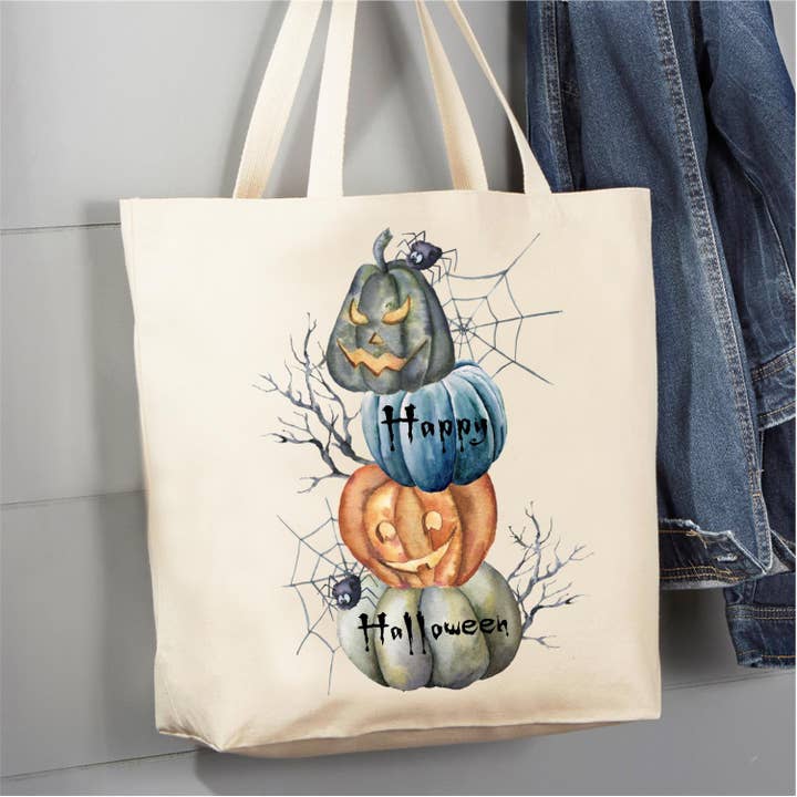 Happy Halloween Stacked Pumpkins 12 oz Canas Tote Bag for wholesale by Avery Lane Gifts