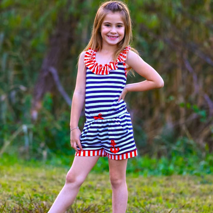 AnnLoren - Wholesale Romper - Kids - Girls Nautical Anchor Jumpsuit Shorts Romper 4th of July