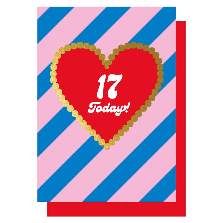 Anniversaire 17 Aujourd'hui ! Carte cœur doré à rayures pour la vente par Lucky Ink