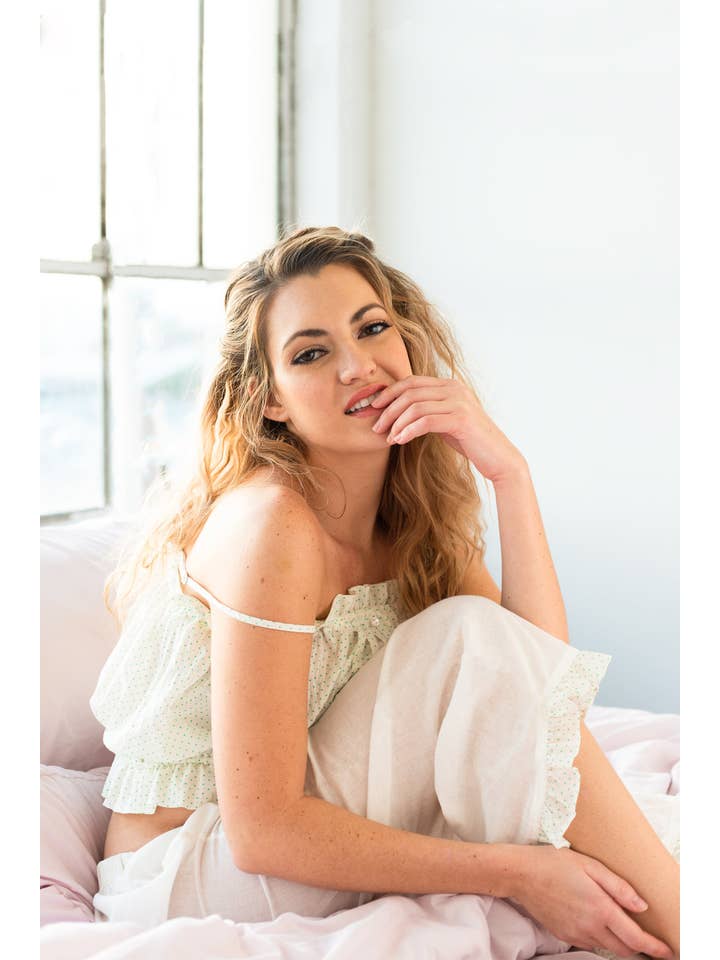 Cream Green Pennyworth Ruffle Cotton Capri for wholesale on Faire3