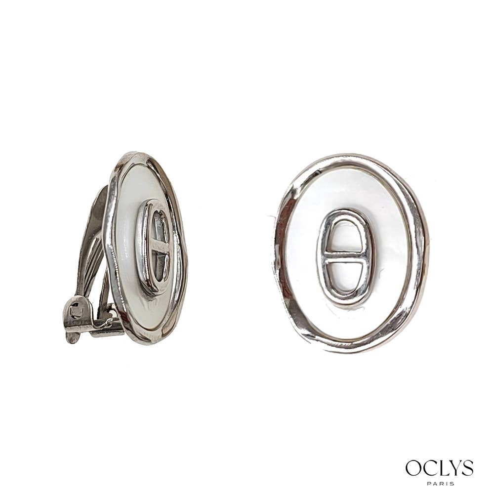 Oclys - Wholesale Clip-On Earrings - Stainless steel clip-on earrings with pearl and M motif1