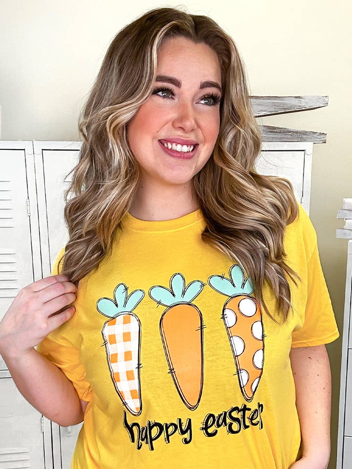Sugar Stitch - Wholesale Screen Printed T-Shirt - Women's - Doodle Carrots Happy Easter Graphic Shirt