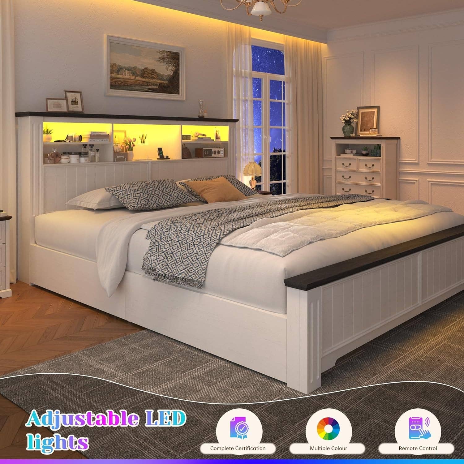 White King Size Bed Frame With Storage Drawers And LED Charging Station for wholesale on Faire5