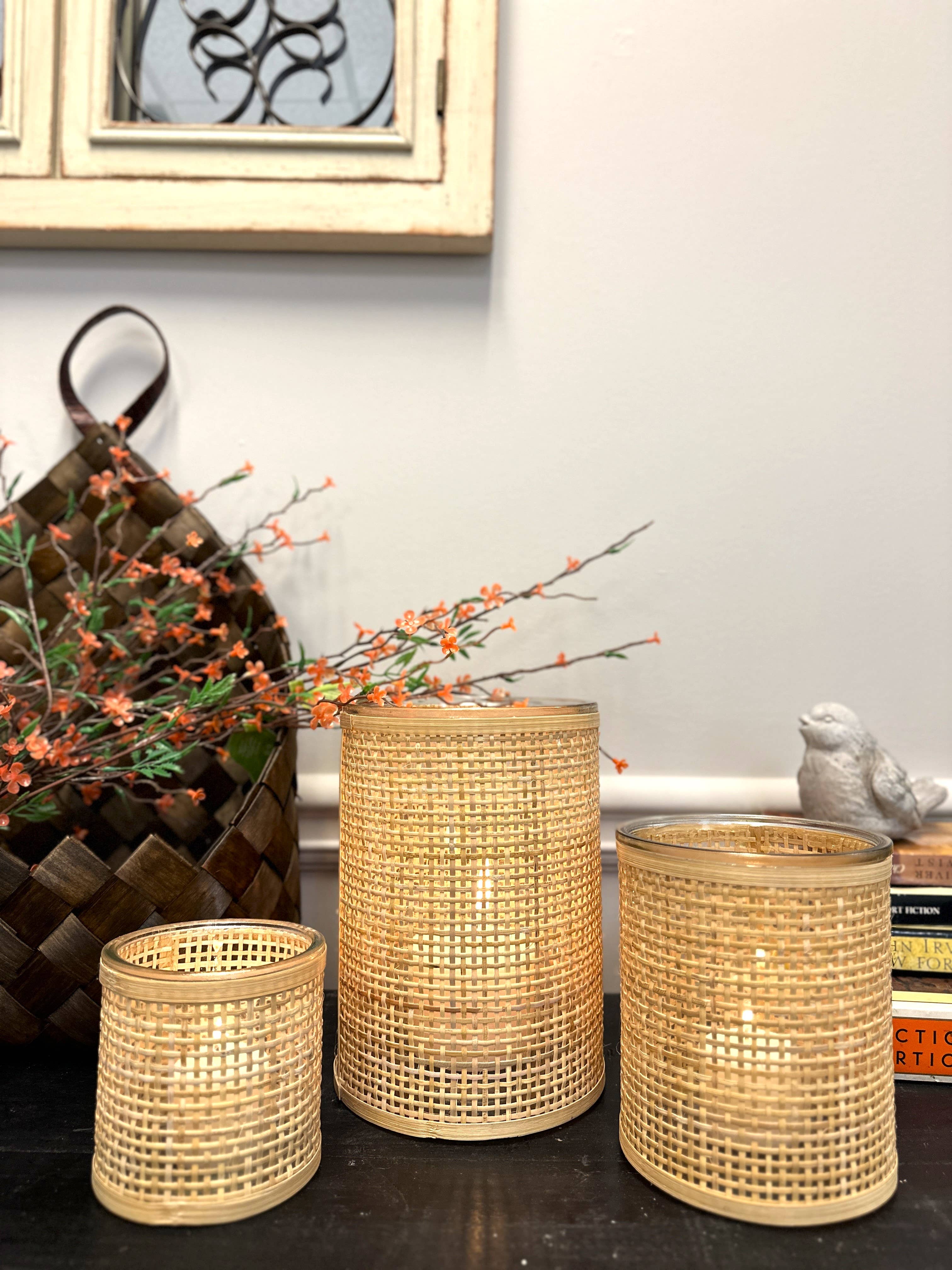 Vagabond Vintage - Wholesale Candle Holder - WEAVED RATTAN WRAPPED GLASS VASE/CANDLE HOLDER1