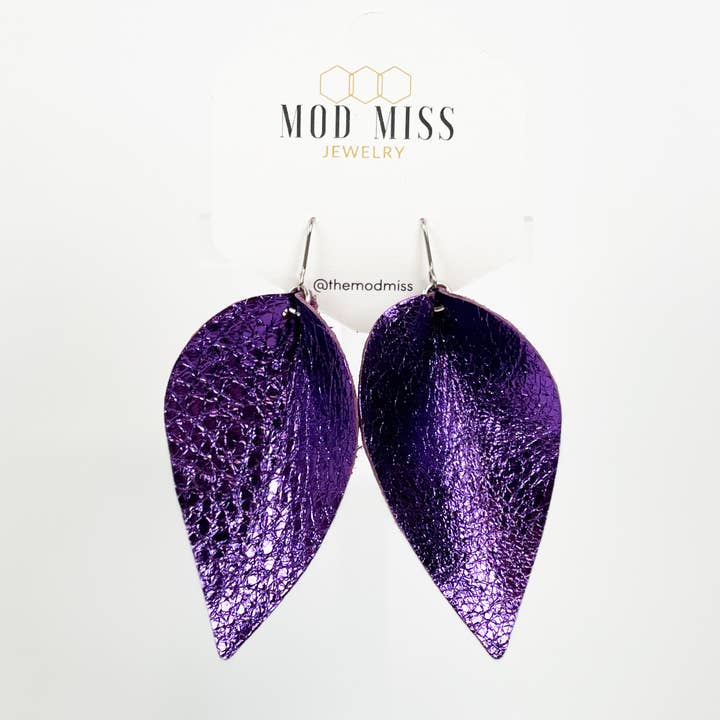 Metallic Purple Petal Leather Earrings for wholesale by The Mod Miss