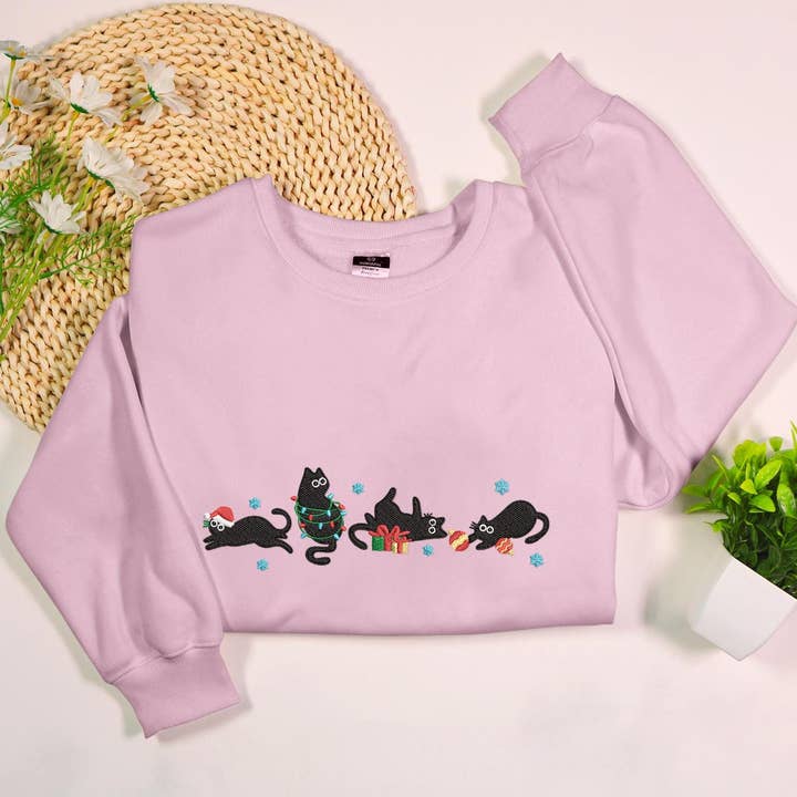 Christmas Black Cat Embroidered Sweatshirt Cat Lover Gift for wholesale by Stitchchemy