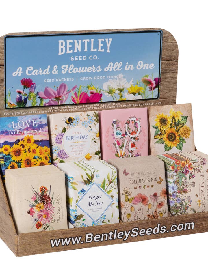 250-teilige Floristen-Geschenk-Samentütchen Einzelhandel POS Wellpapp-Display für den Großhandel von Bentley Seed Co.