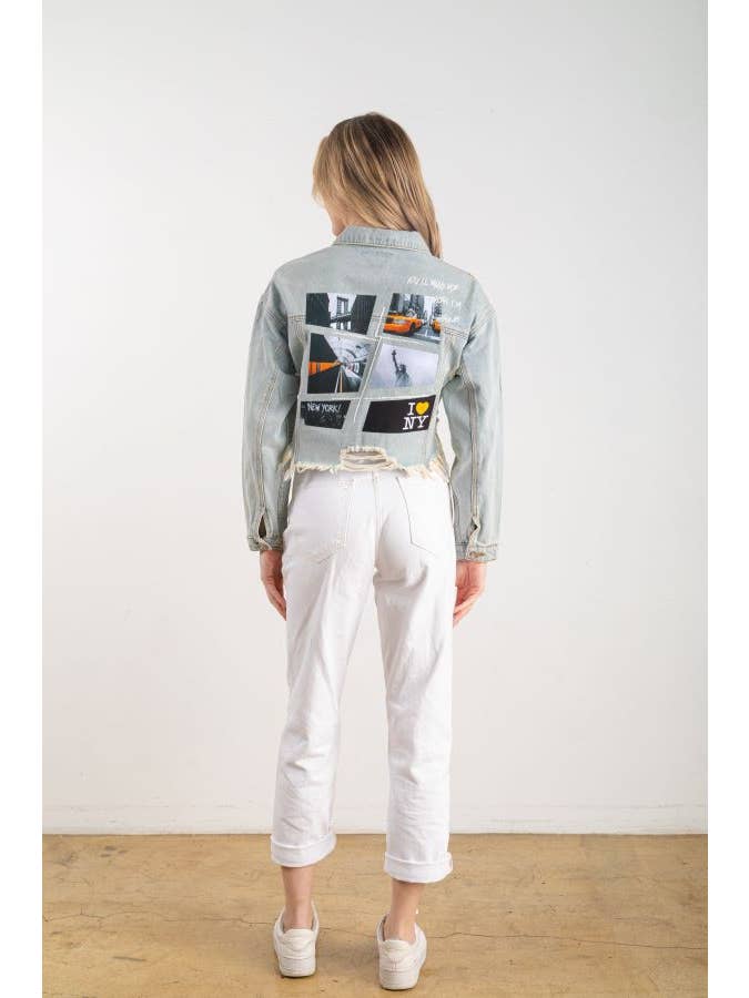 Trio Urban - Wholesale Denim Jacket - Women's - New York Collage (I ♥ NY) Crop Denim Jacket