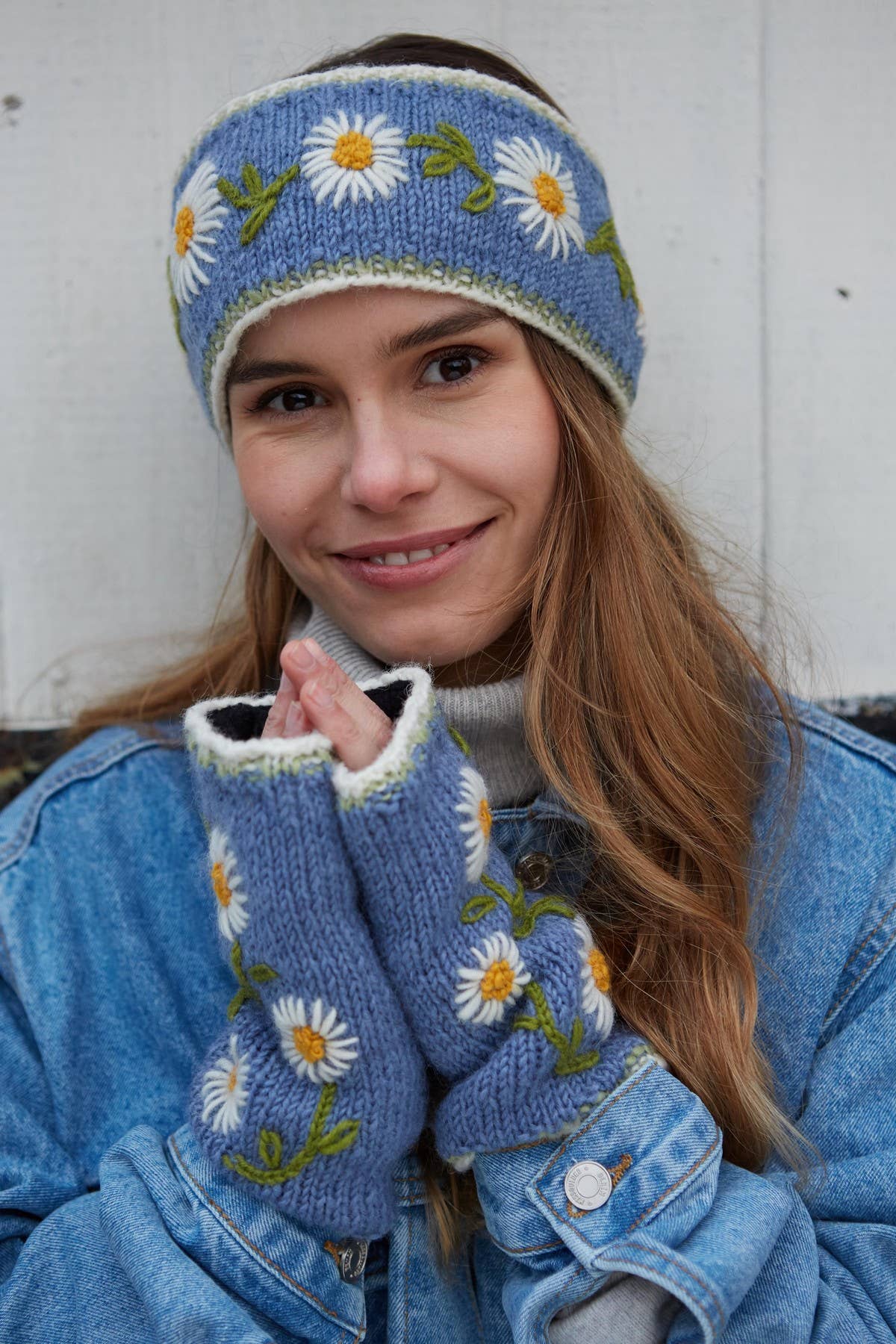 Jacaranda Daisy Chain Blue Fleece Lined Knit Wool Ear Warmer Headband for wholesale on Faire4