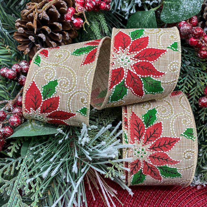 Morex Ribbon - Wholesale Ribbon - Gift Wrapping - #7824 Poinsettia Linen (wired) Ribbon
