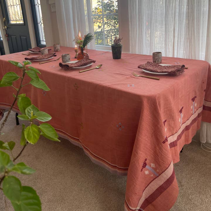 Ichcha - Wholesale Tablecloth - Pink Handwoven Organic Cotton Tablecloth | Indian Summer