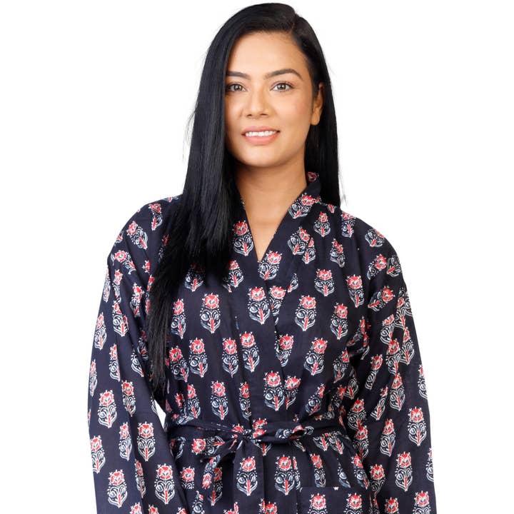 Womens Kimono Robe - Black and Red Print on cotton + bag for wholesale by The Indian Bazaar