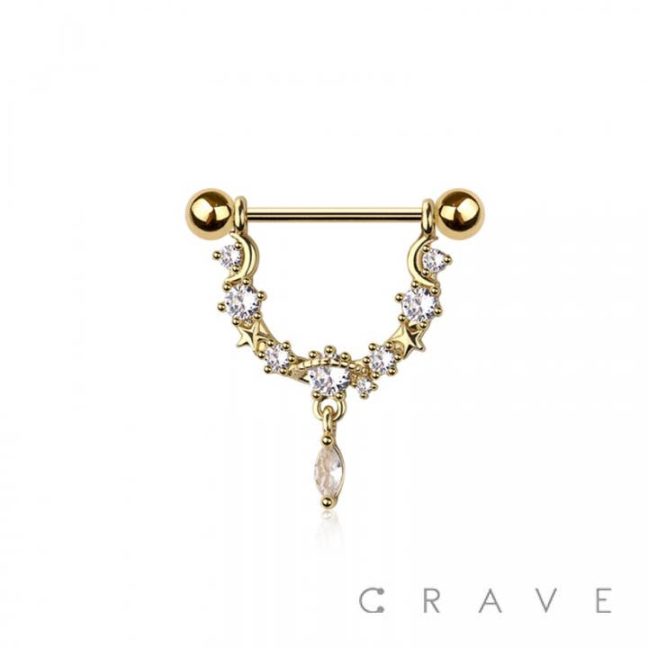 CRAVE BODY JEWELRY - Wholesale Face/Body Chain - 316L SURGICAL STEEL STAR BRANCH OVAL CZ DANGLE NIPPLE RING