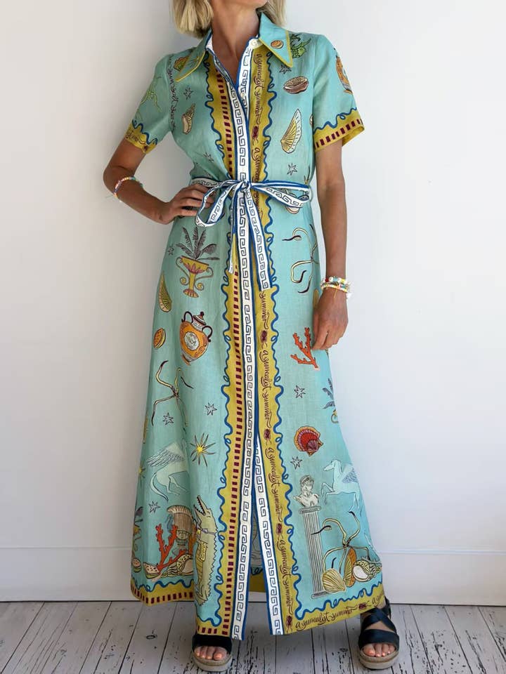 Vacay Surrealist Ocean Prints Belted Shirt Dress for wholesale by Rosa Clothing