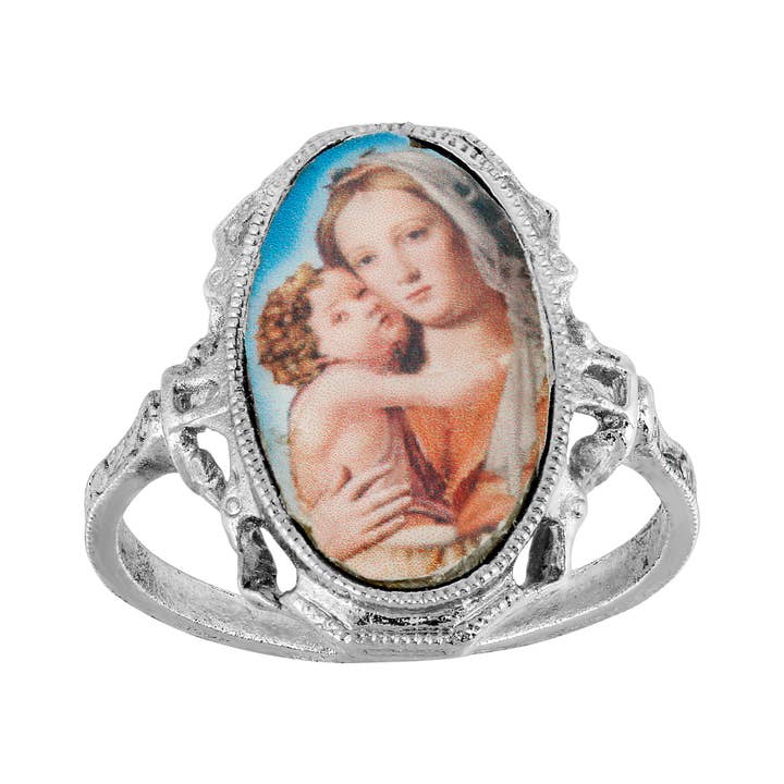 1928 Jewelry – Engroshandel Statementring – Symboler af tro Oval Mary og barn mærkat Ring