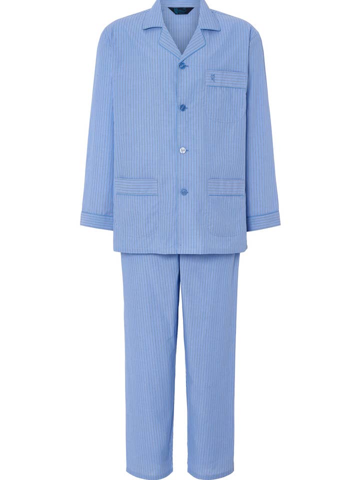 Men's Long Pajamas with Lapel Poplin Stripes - Blue 1551_37 for wholesale by El Búho Nocturno
