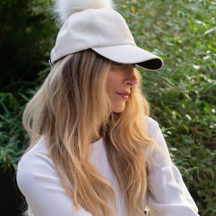 WHITE Magid Faux Leather & Fur Pom Pom Baseball Cap for wholesale on Faire