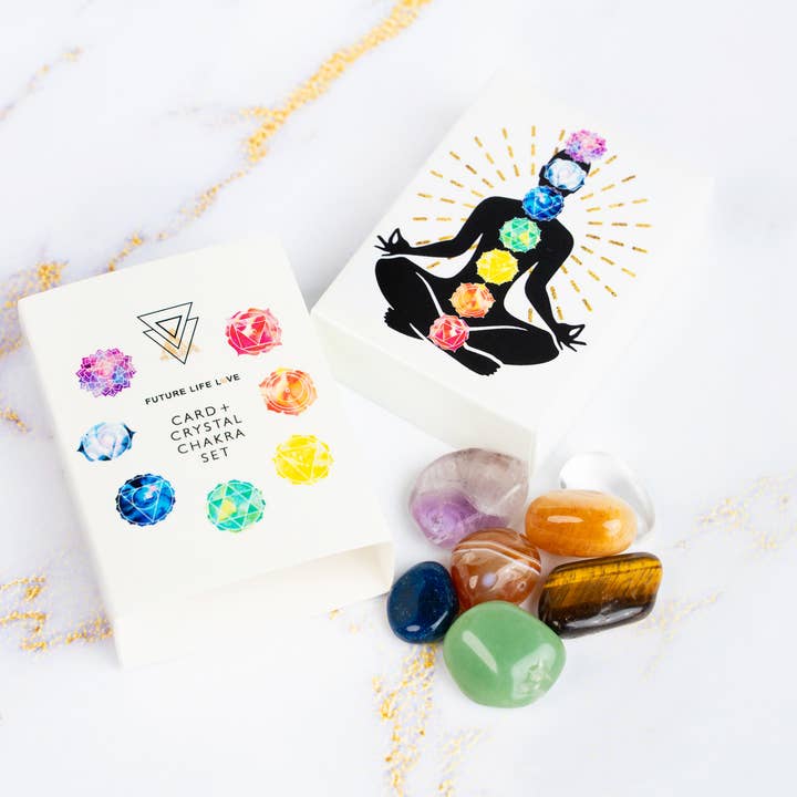 Chakra Card Set With 8 Cards and 7 Crystal Set White Box for wholesale on Faire16