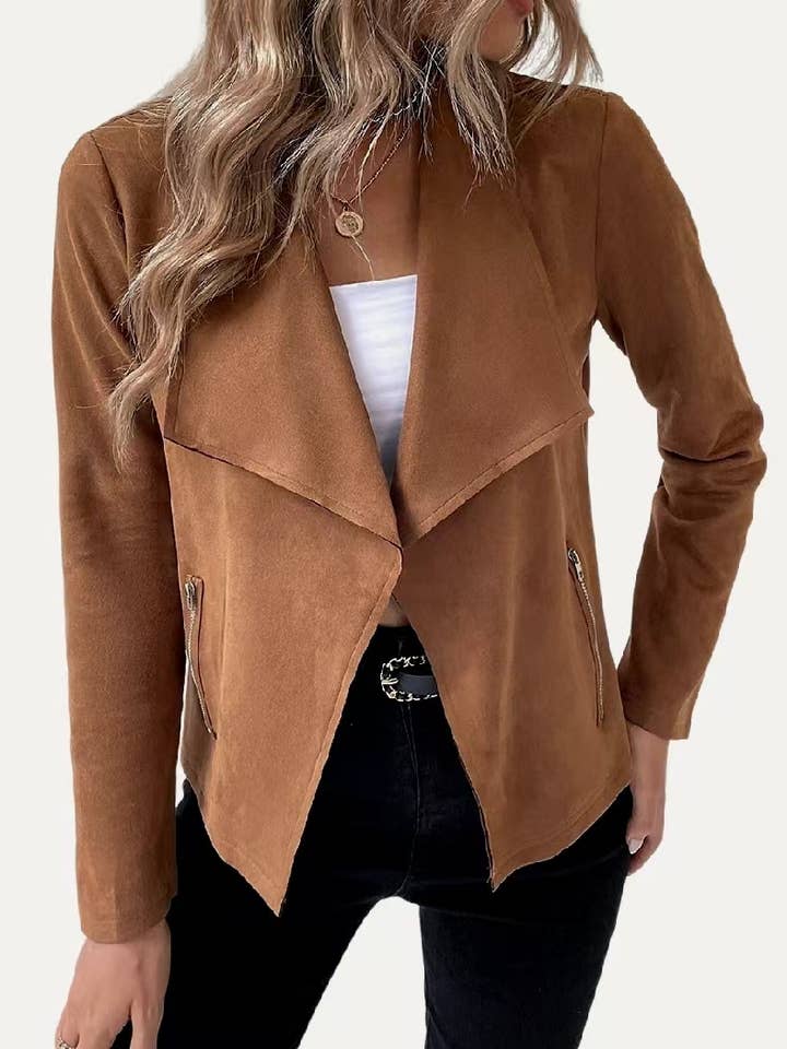 Stylish Collared Vegan Suede Long Sleeve Jacket and other Purchase Wholesale suede bomber. Free Returns & Net 60 Terms on Faire trending on Faire.