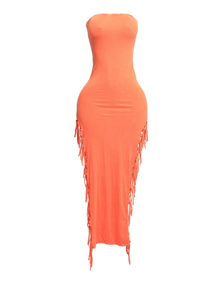 ORANGE MINERAL WASH Fringe Trim Tube Maxi Dress for wholesale on Faire