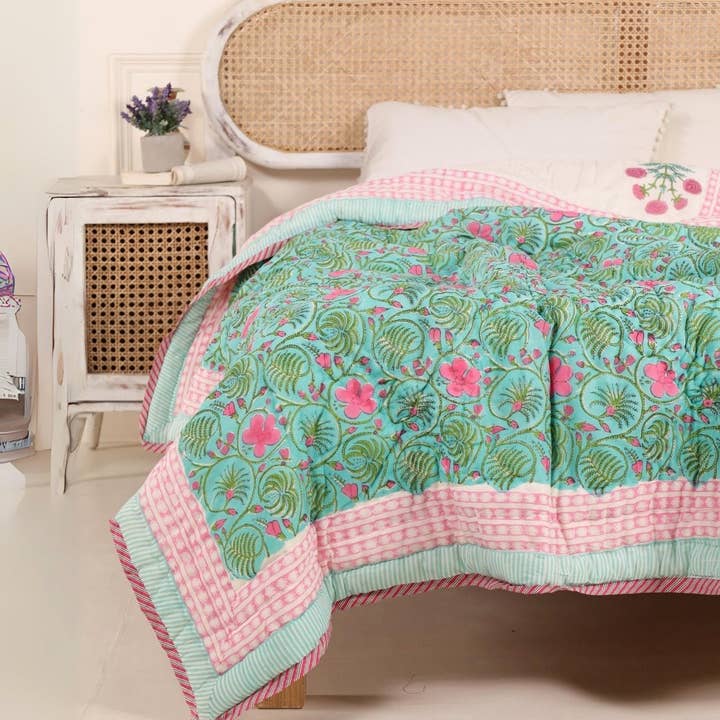Handblock Printed Single Cotton Turquoise Jaipuri Quilt and other Purchase Wholesale handmade quilts. Free Returns & Net 60 Terms on Faire trending on Faire.