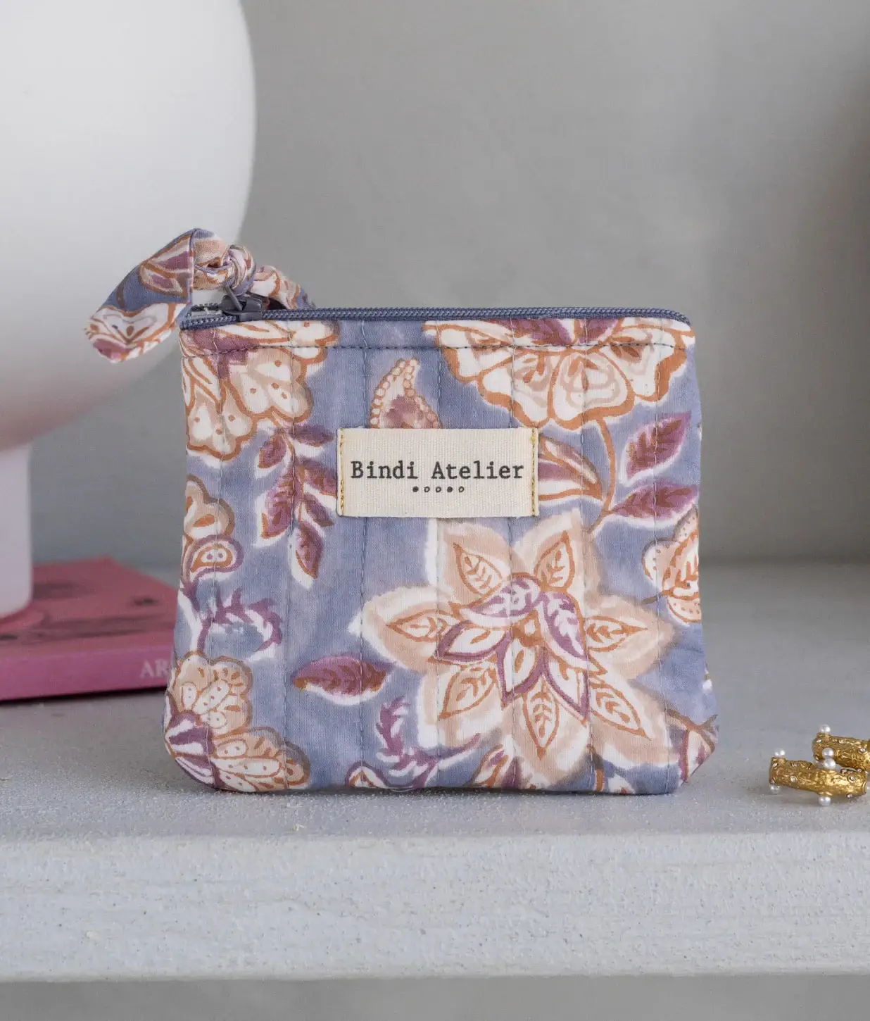 Bindi Atelier – wholesale Coin purse – Women’s – Quilted cotton wallet with block print - Matira Azul1