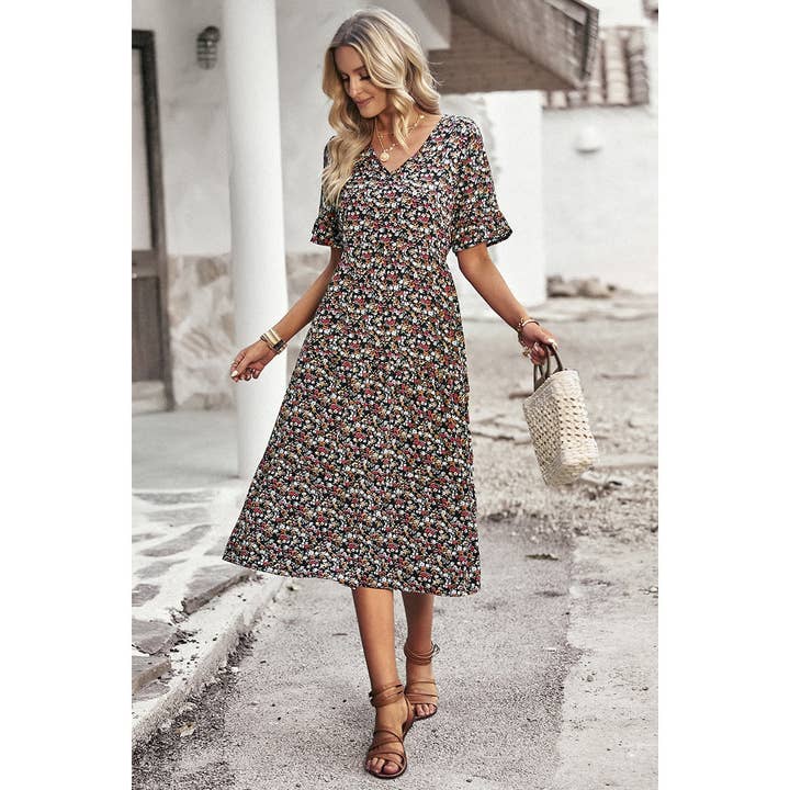 Supreme Fashion - Wholesale Dress - Women's - Boho Floral Ruffle Hem V Neck Short Sleeve Dress