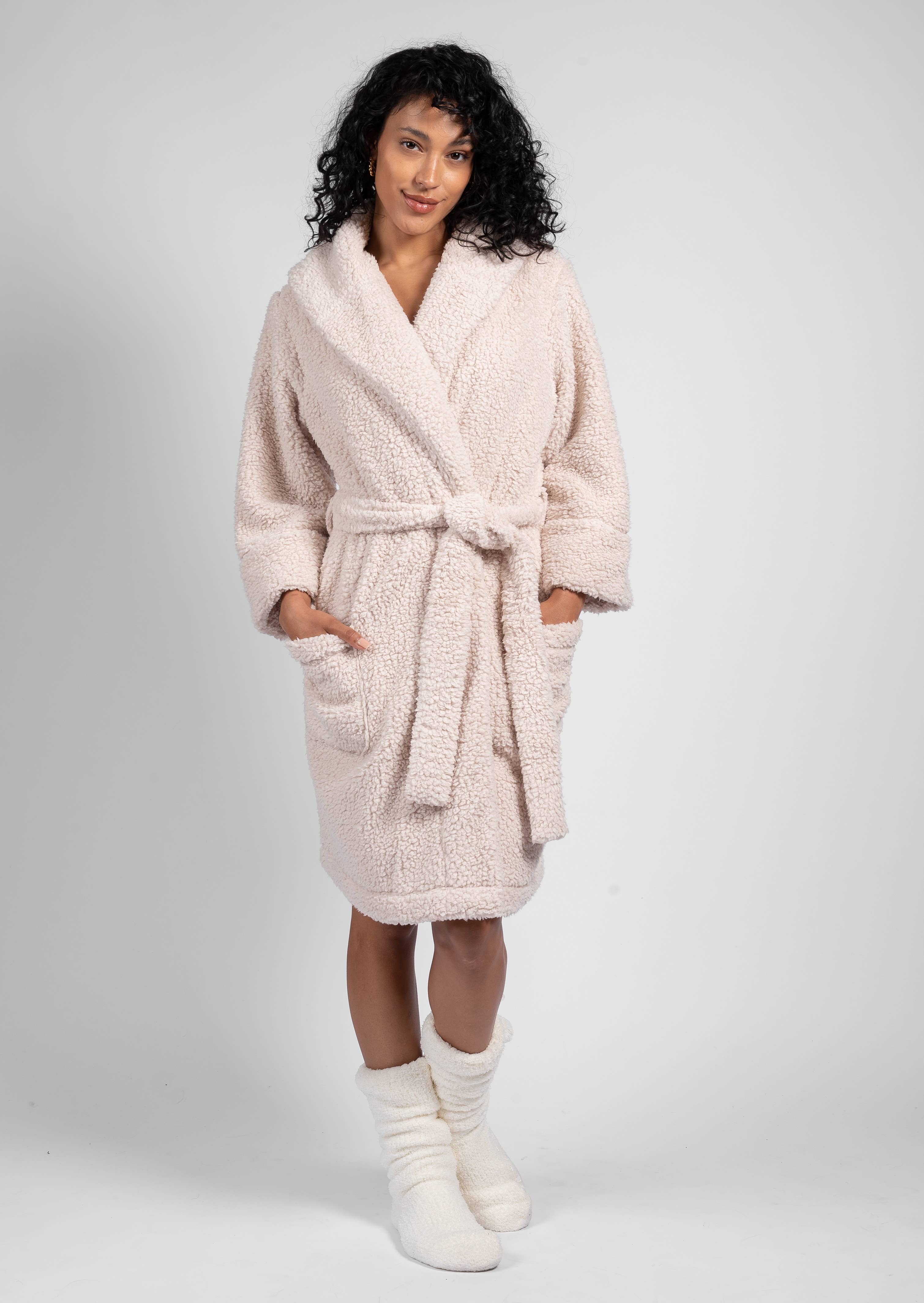 Natural PLUSH TEDDY SHERPA SHORT ROBE for wholesale on Faire0