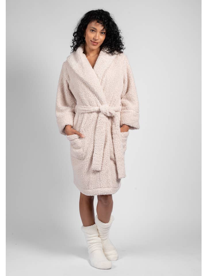 Natural PLUSH TEDDY SHERPA SHORT ROBE for wholesale on Faire