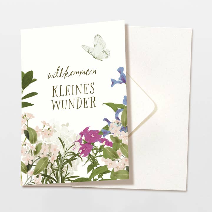 Folded card for birth with flowers, with envelope, FSC paper for wholesale by Wildblumen Atelier