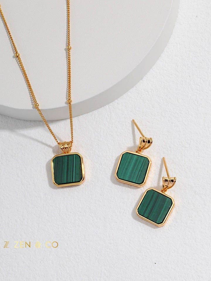 CORA Square shape Malachite drop earrings and pendant necklace for wholesale by ZEN&CO Studio
