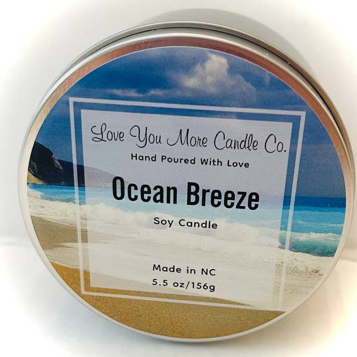 Ocean Breeze soy candle 8 oz tin for wholesale by Love You More Candle Company