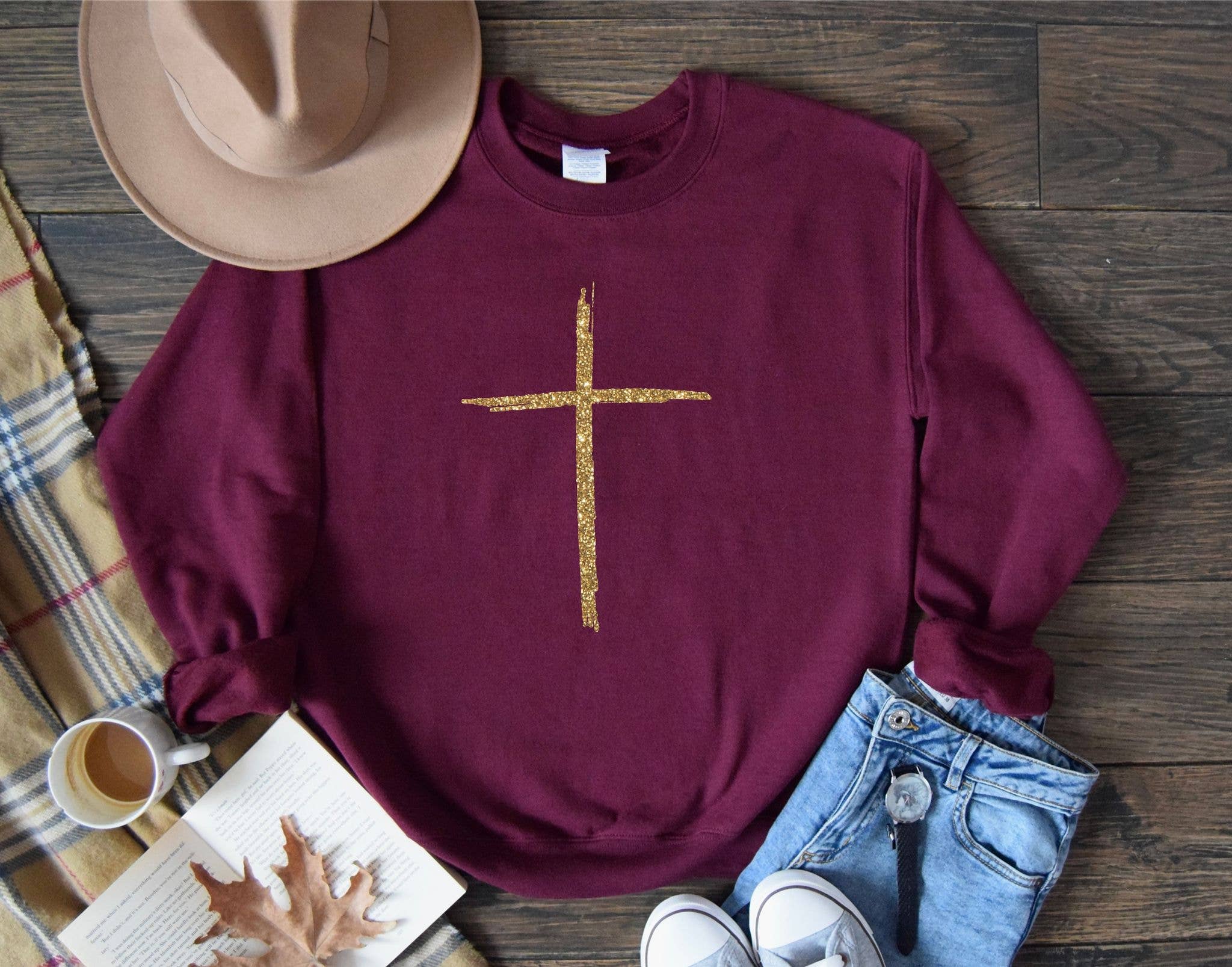 Fox and Owl Apparel-Graphic Tee's - Wholesale Graphic Sweatshirt - Women's - Fall Gold Cross Maroon Cozy Faith Graphic Tee Sweatshirt 2