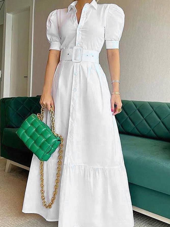 Blaues gestreiftes Maxikleid mit Puffärmeln und V-Ausschnitt ZK1792 für den Großhandel von UNISHE