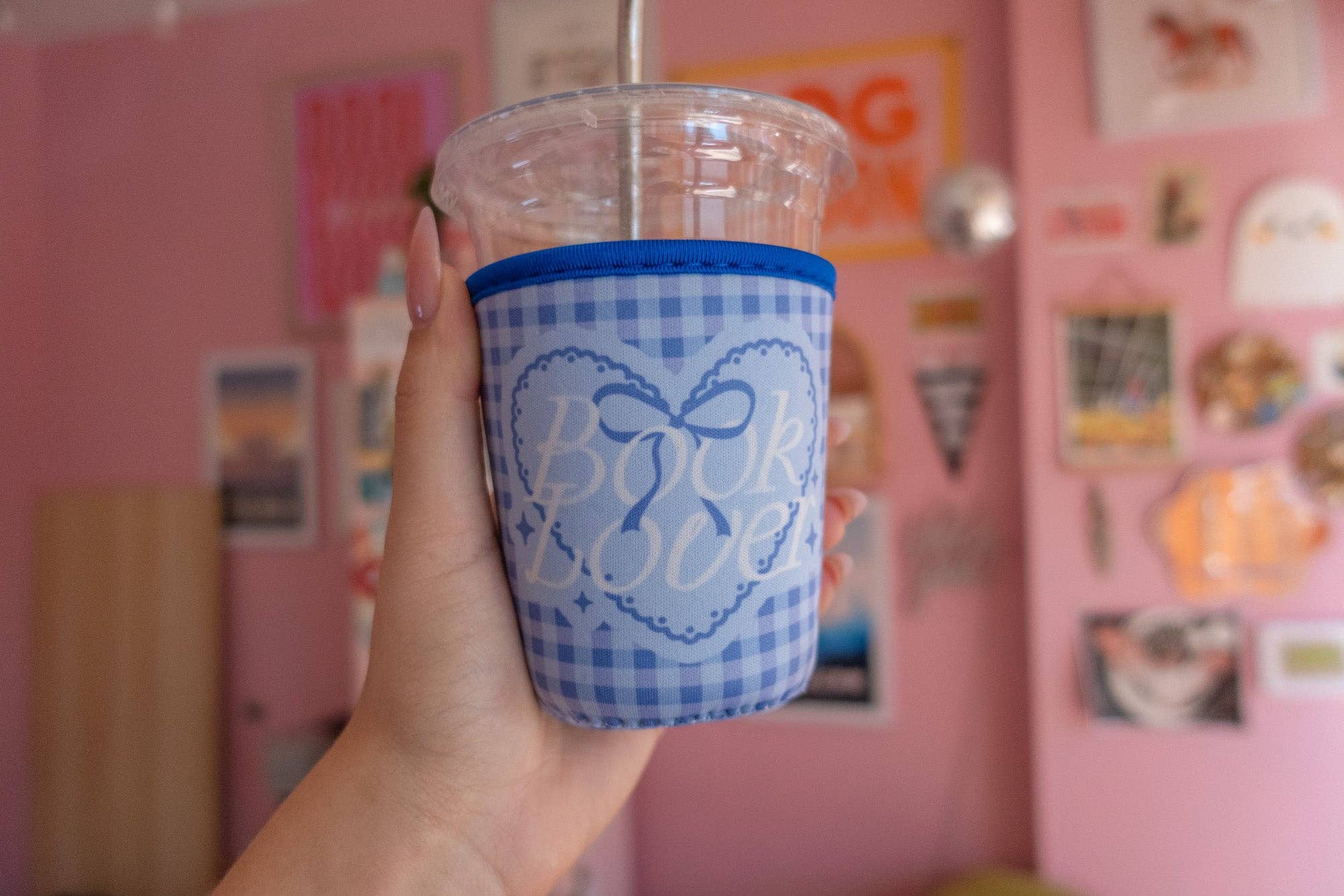 Jollie Ollie Designs - Wholesale Drink Huggers & Koozies - Book Lover [blue gingham] Coffee Sleeve0