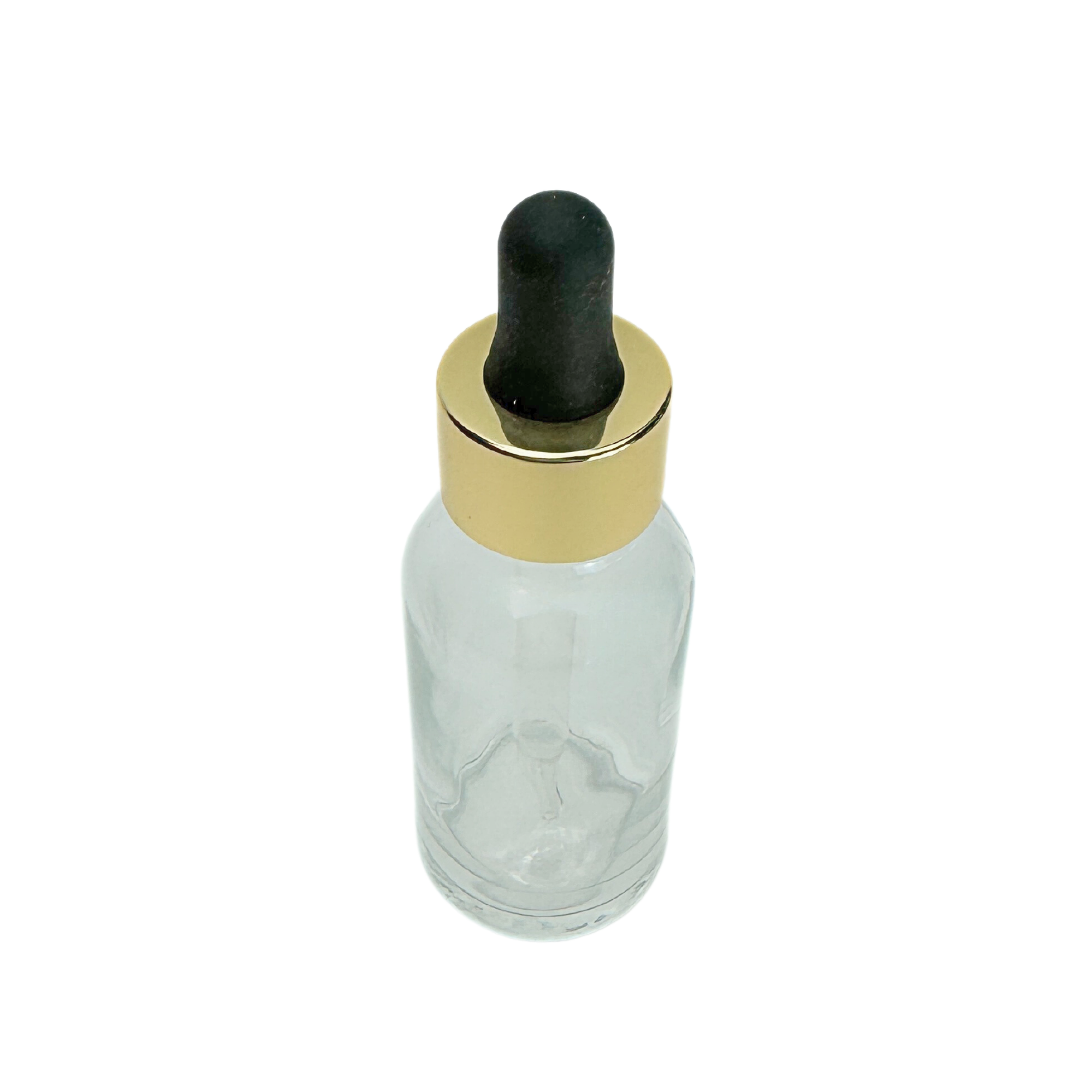 The Bottle Shoppe - Wholesale Essential Oil Holder - 1oz Clear Glass Bottle with Black and Gold Glass Dropper1