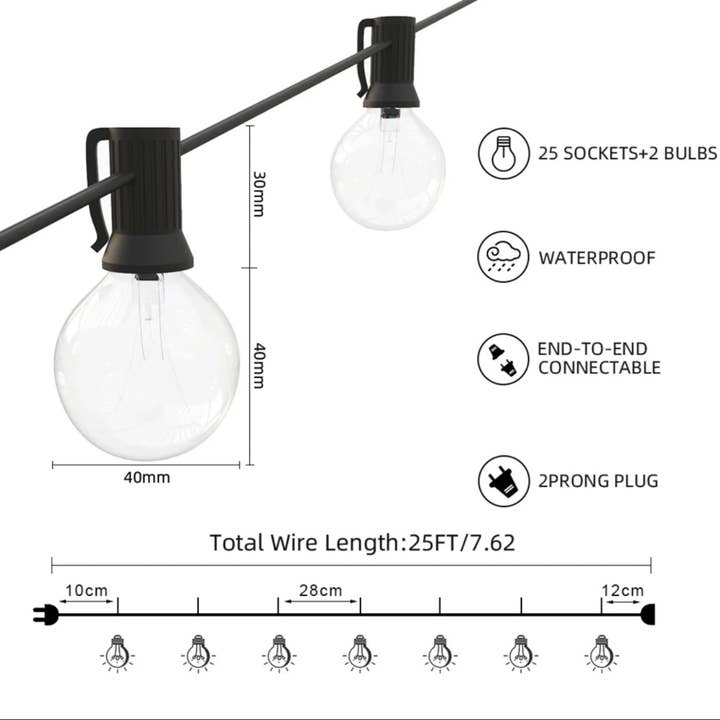 OutdoorSolarOutlet – wholesale String lights – Outdoor String Light-25 Feet G40 Globe Patio Lights with 26 Edison Glass Bulbs Waterproof Connectable Hanging Light