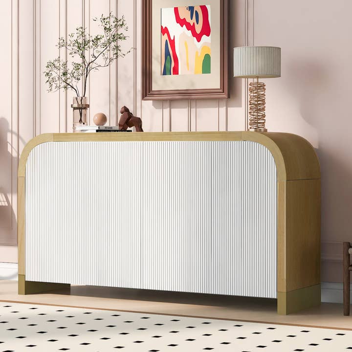 4 Door Curved Corner Design Wavy Door Panel Cabinet With Adjustable Shelves, Suitable For Study, Living Room And Entrance White Mdf for wholesale by Orange County Decor
