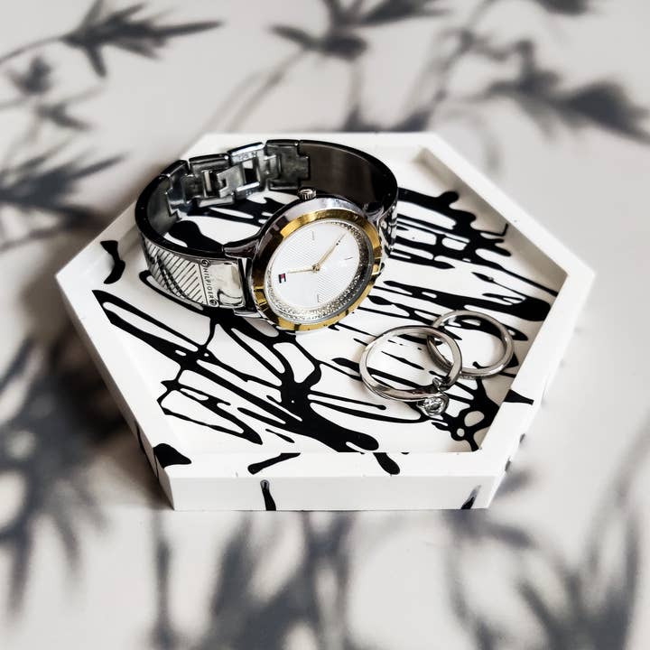 White and black modern jewellery tray for wholesale by The Sage Rose Studio