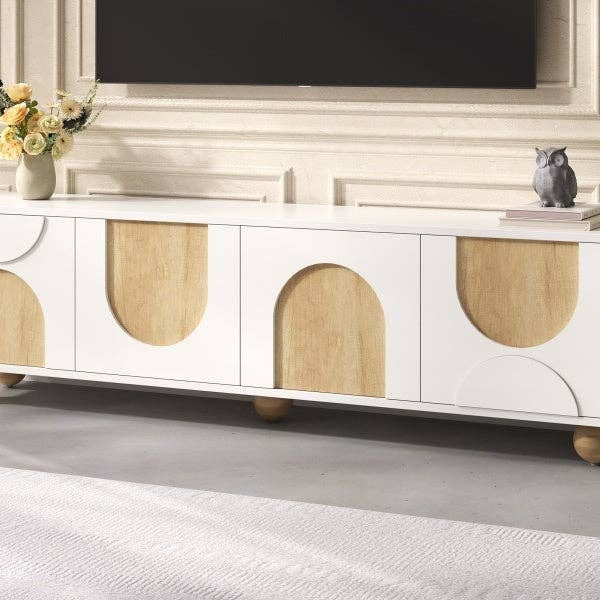 HOMYCASA DESIGN INC - Wholesale Console Table - Farmhouse TV Stand with Cable Holes for TVs up to 75', Cream Style Media Console with Rebound Device, Elegant Entertainment Center with 5 Solid Wood Legs for Living Room, Bedroom, White, 69.6'W13