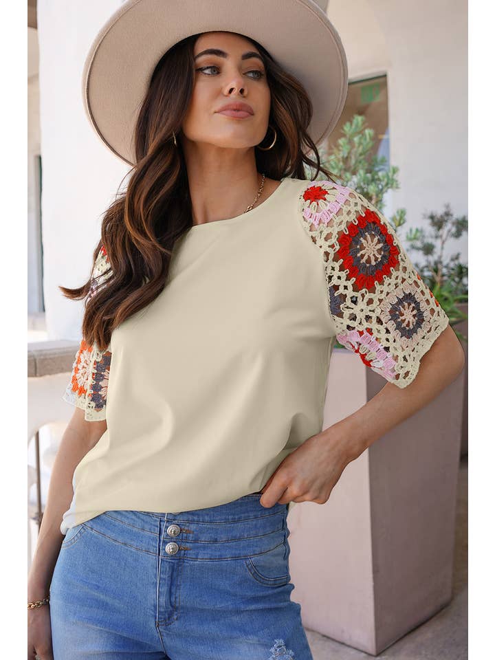 Aapparella - Wholesale Knit Top - Women's - Women Floral Crochet Patchwork Round Neck Top | S-XL