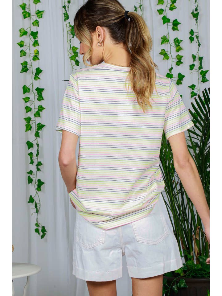 Vine & Love - Vendita all'ingrosso Maglietta - Donna - Top girocollo in cotone a maniche corte a righe multiple VT81439A18