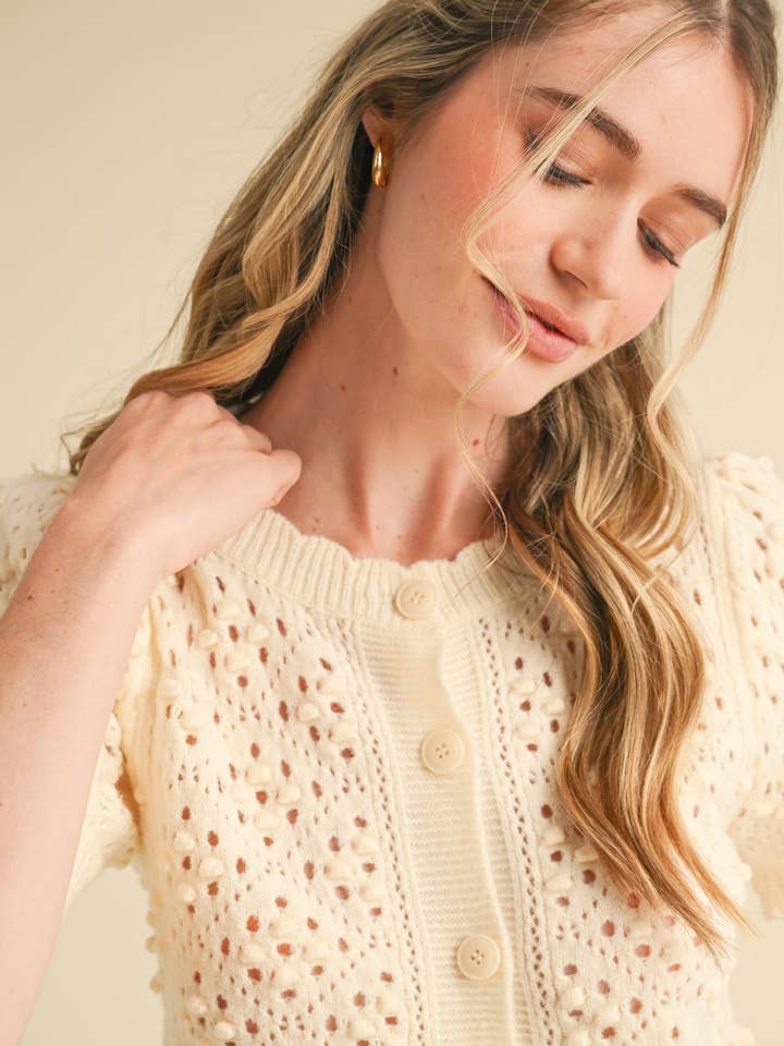 &MERCI - Wholesale Cardigan - Women's - CROPPED POINTELLE BUTTON DOWN SWEATER CARDIGAN MSW108578