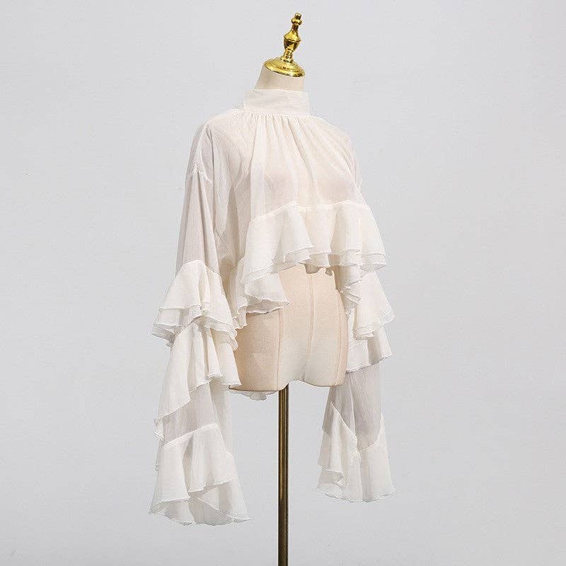 FurDecoration - Vente Chemisier – femme - Haut à manches longues avec bordure en dentelle ajourée2