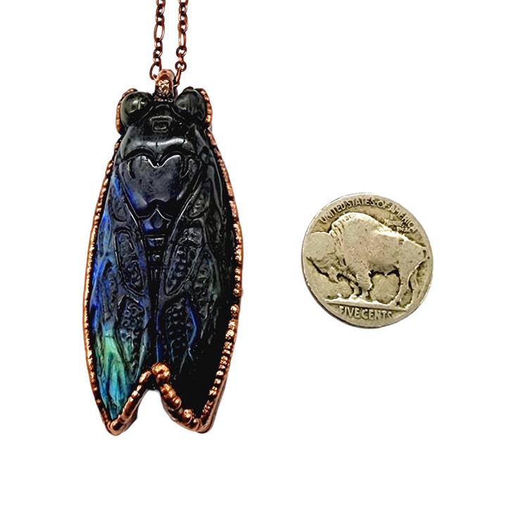 MergingMetals - Wholesale Pendant/Charm Necklace - Carved Labradorite Dark Lyric Cicada Necklace3