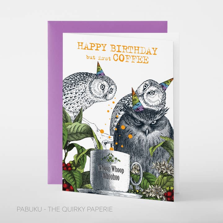 Coffee Owl | Biglietto di auguri per la vendita all'ingrosso da parte di Pabuku